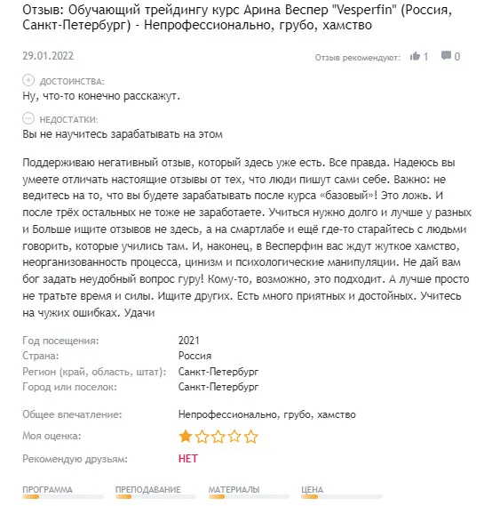 Реальные отзывы об Арине Веспер